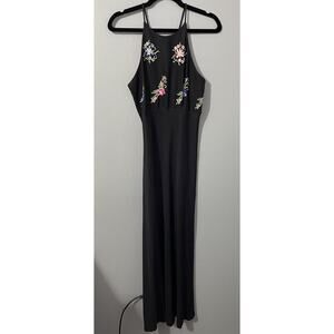 90s Women 11/12‎ Embroidered Floral Maxi Dress Black Moody Floral Y2K Prom Goth